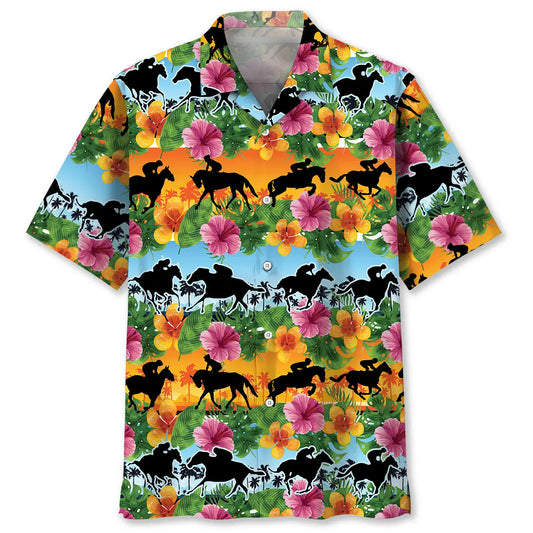 Colorful Tropical Horse Racing Hawaiian Shirt For Beach Days, Summer Outings, And Thoughtful Gift Giving