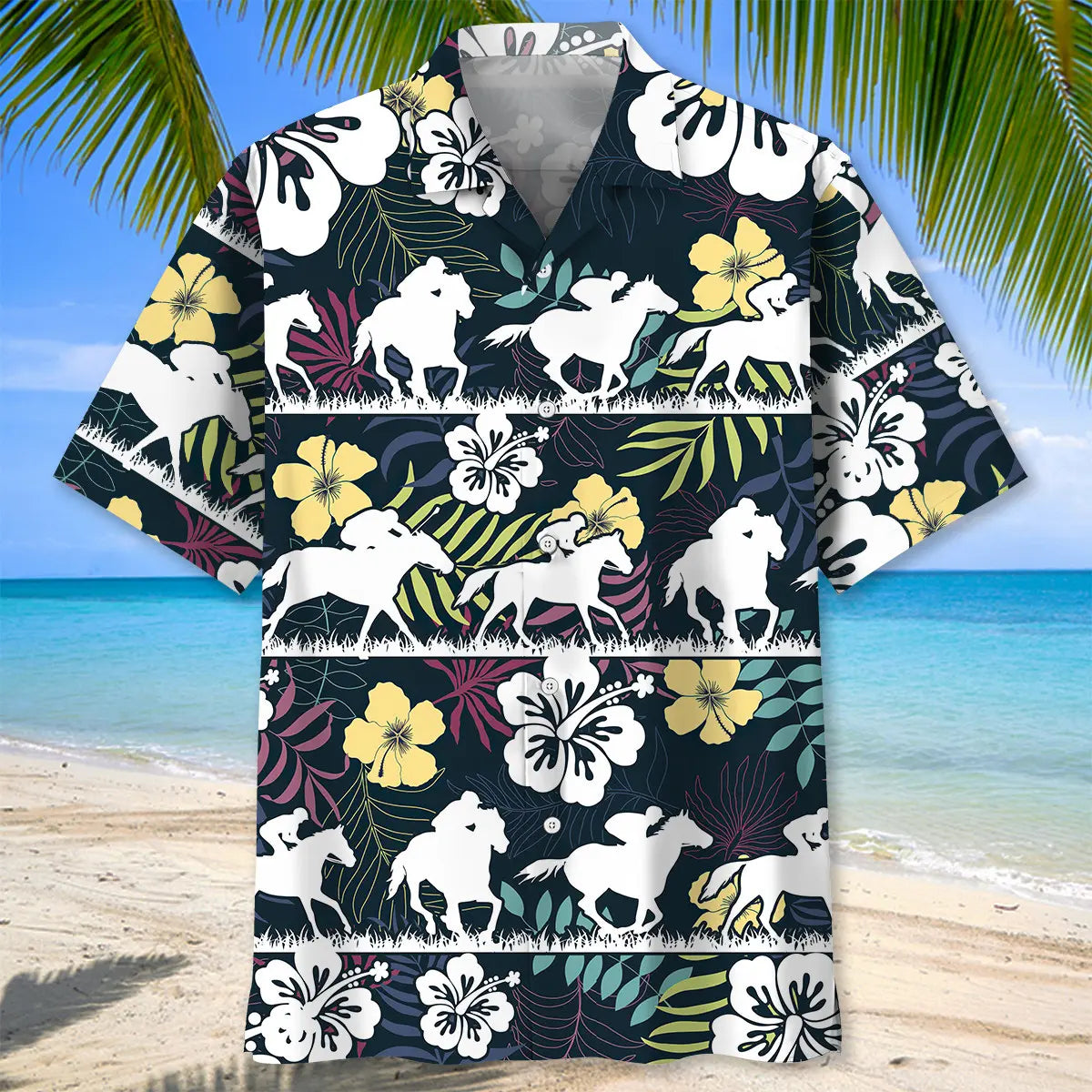 Tropical Horse Racing Hawaiian Shirt For Road Trip Adventures, Resort Days, And Comfortable Everyday Wear