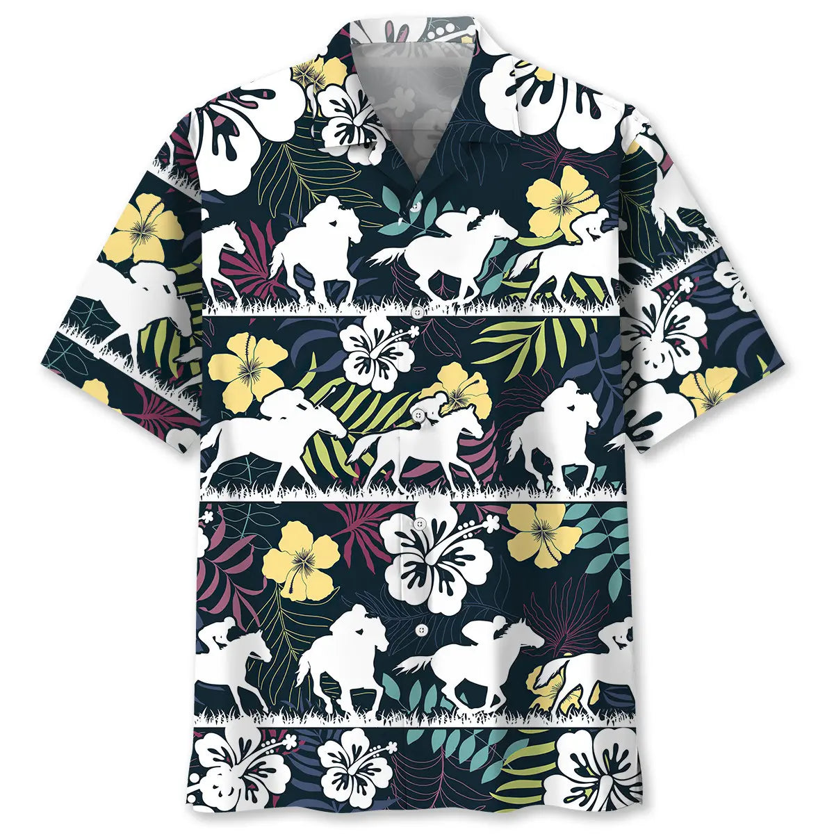 Tropical Horse Racing Hawaiian Shirt For Road Trip Adventures, Resort Days, And Comfortable Everyday Wear