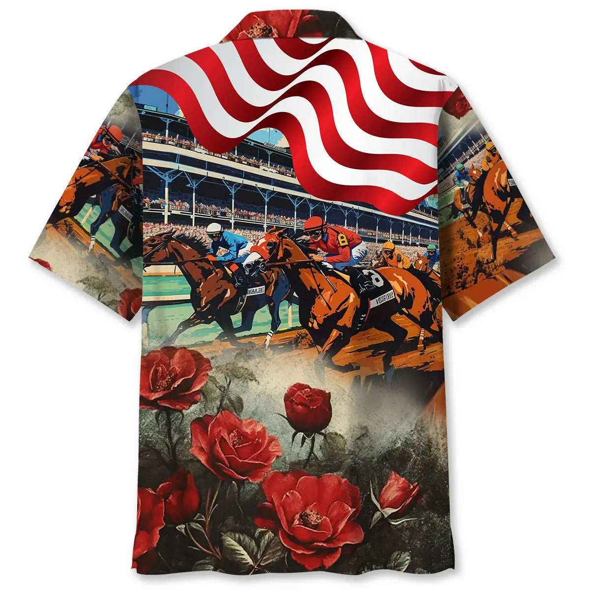 American Horse Racing Rose Pocket Hawaiian Shirt For Coastal Travel, Casual Events, And Comfortable Summer Wear