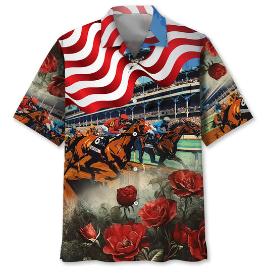American Horse Racing Rose Pocket Hawaiian Shirt For Coastal Travel, Casual Events, And Comfortable Summer Wear
