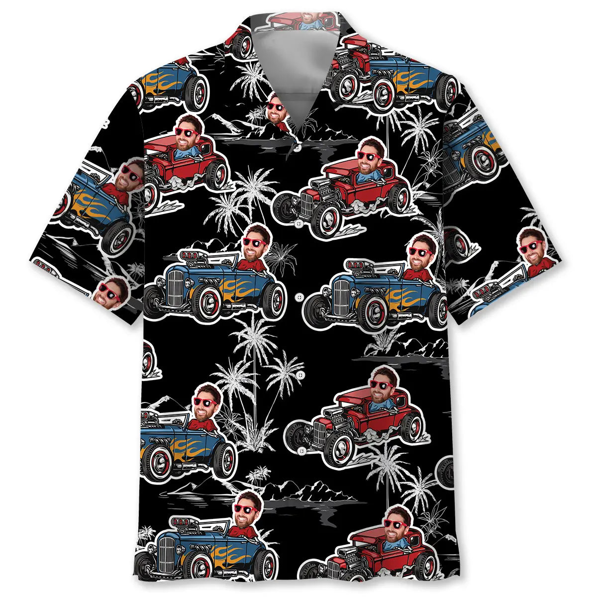 Classic Hot Rod Personalized Photo Face Hawaiian Shirt For Racing Fans, Summer Outings, And Relaxed Vacation Wear