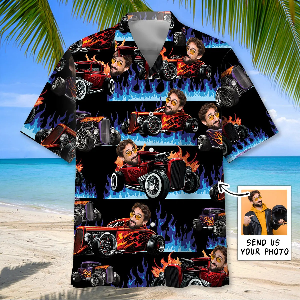 Hot Rod Personalized Photo Hawaiian Shirt For Motorsport Events, Beach Travel, And Thoughtful Gift Giving