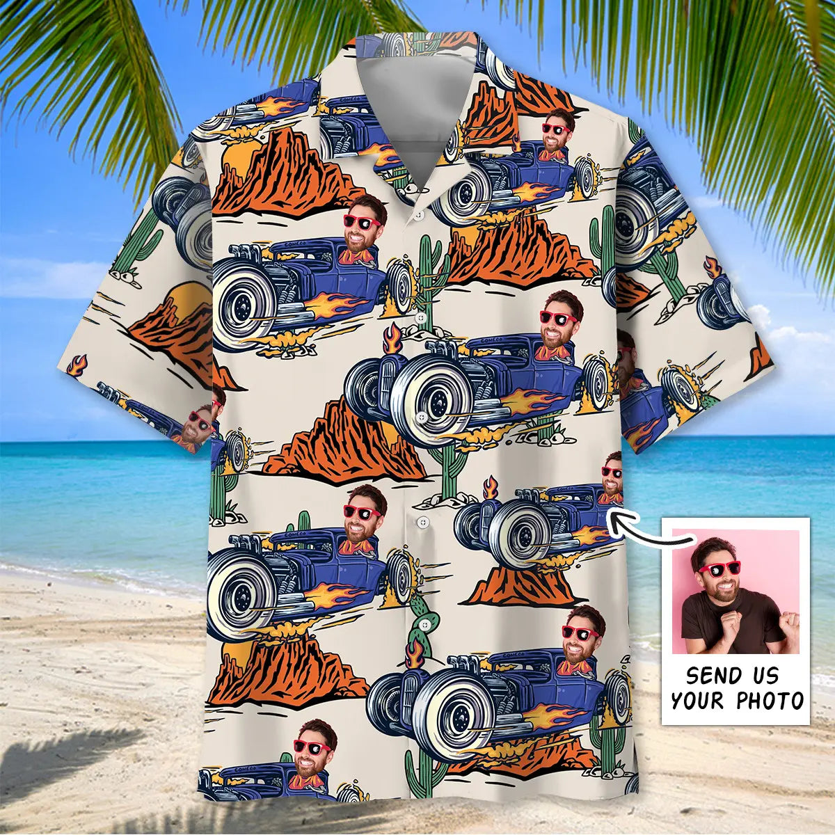 Hot Rod Racing Desert Personalized Photo Hawaiian Shirt For Coastal Travel, Casual Events, And Comfortable Summer Wear