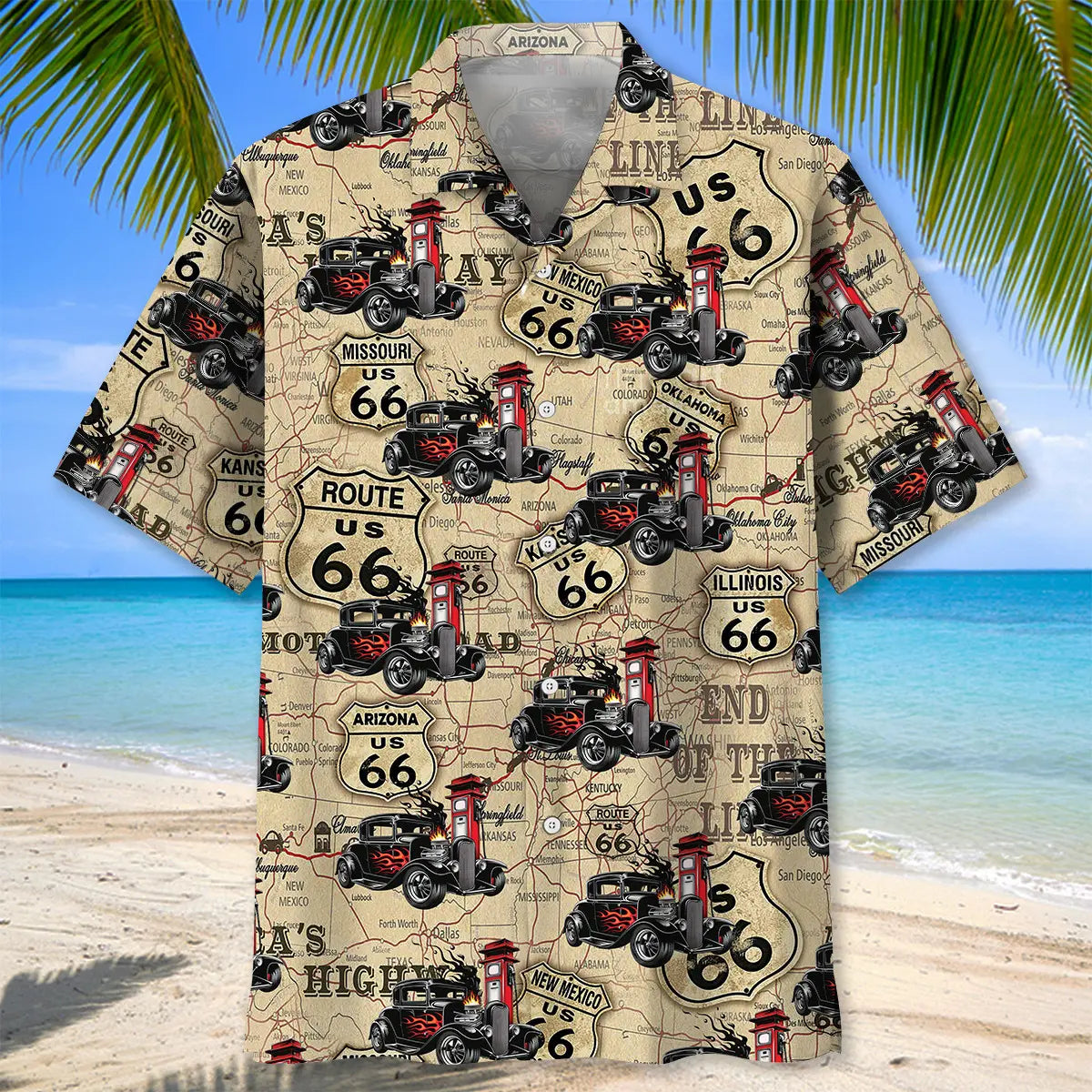 Hot Rod Racing Historic Highway Hawaiian Shirt For Coastal Travel, Casual Events, And Comfortable Summer Wear