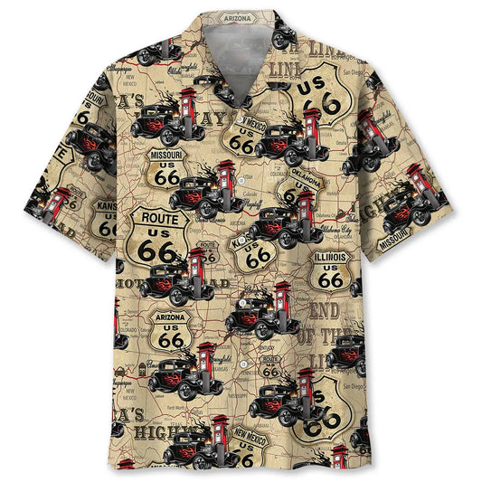 Hot Rod Racing Historic Highway Hawaiian Shirt For Coastal Travel, Casual Events, And Comfortable Summer Wear