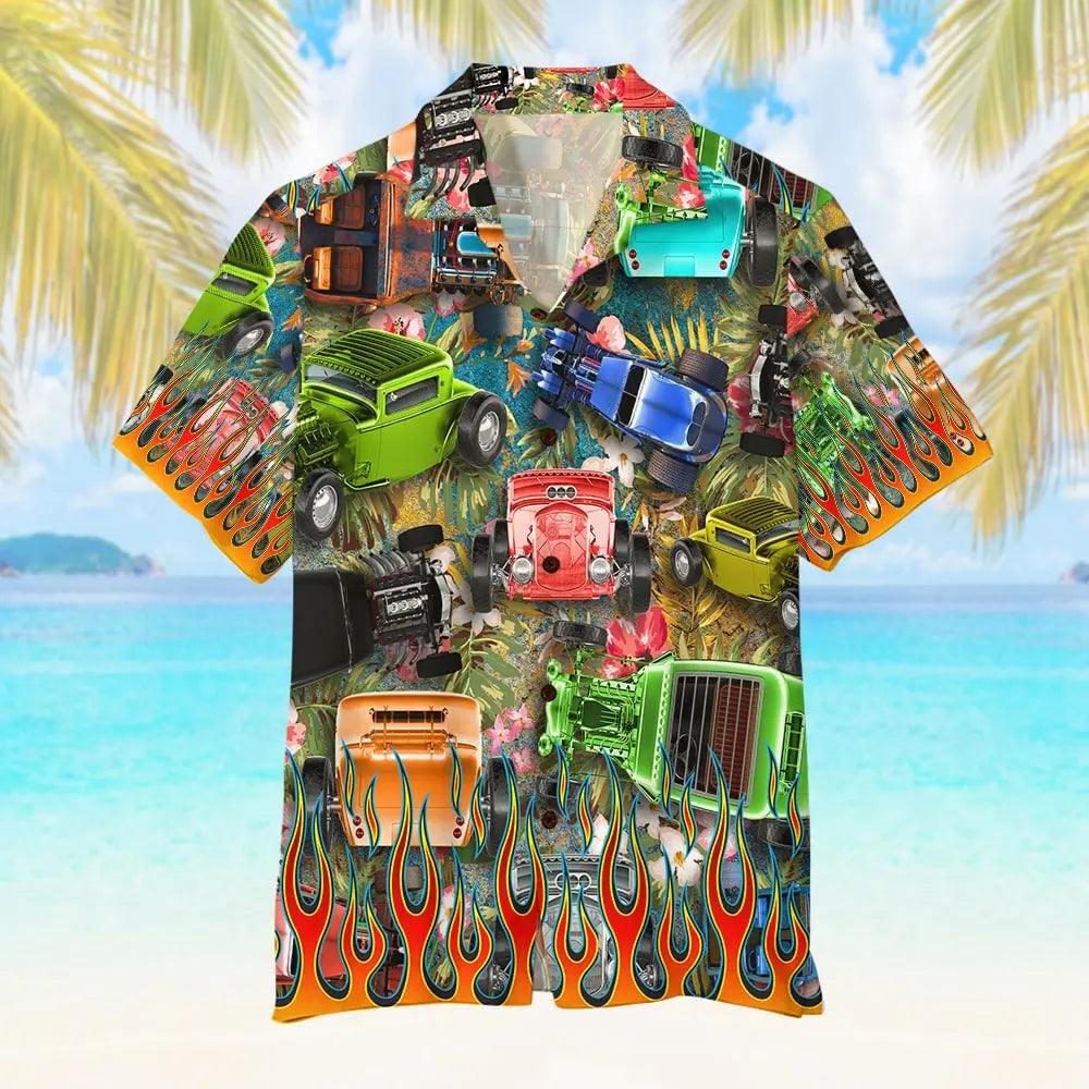 Colorful Island Summer Hot Rod Aloha Racing Cars Theme Hawaiian Shirt For Summer Vacation, Beach Travel, And Casual Wear