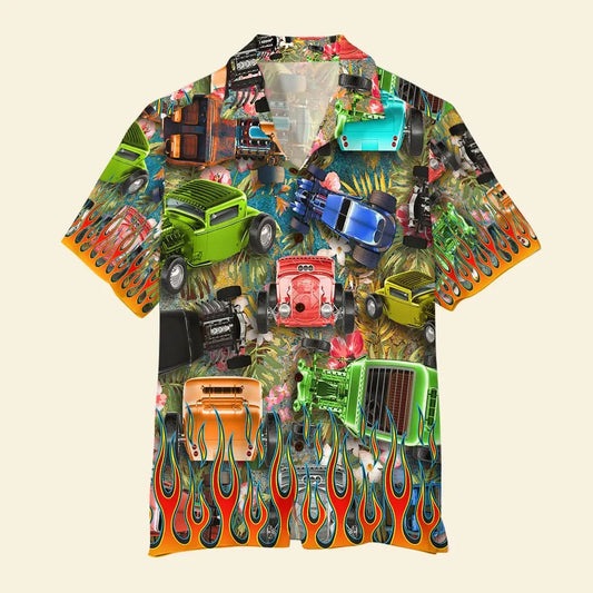 Colorful Island Summer Hot Rod Aloha Racing Cars Theme Hawaiian Shirt For Summer Vacation, Beach Travel, And Casual Wear