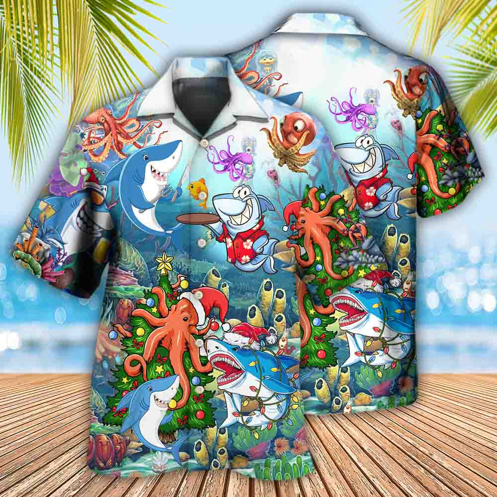 Octopus Shark Ocean Hawaiian Shirt Artwork View For Weekend Travel And Beach Style