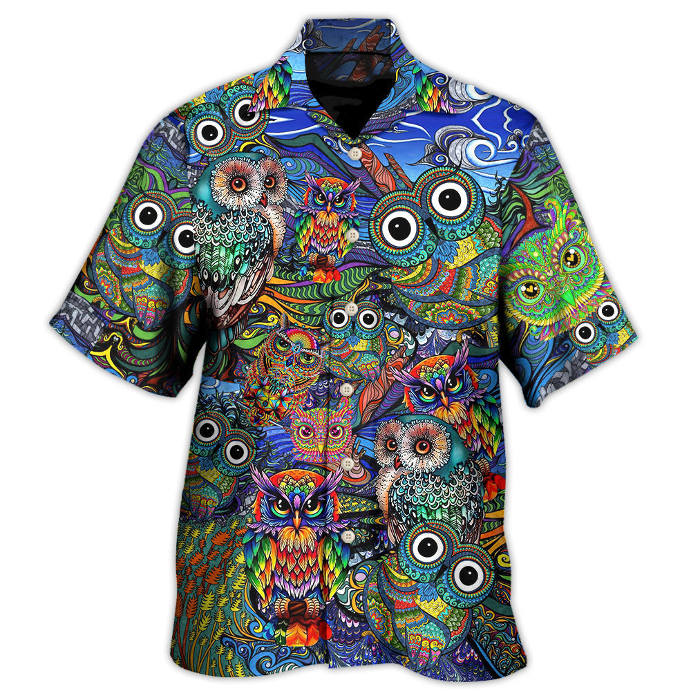 Hippie Owls Colorful Hawaiian Shirt For Beach Travel, Coastal Adventure, And Warm Weather Fashion
