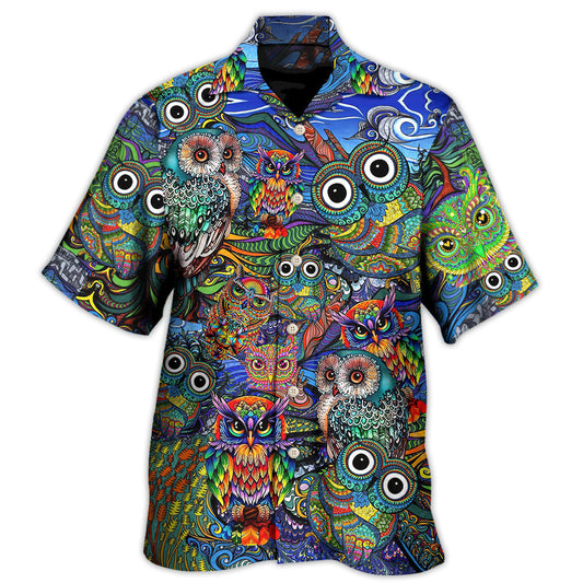 Hippie Owls Colorful Hawaiian Shirt For Beach Travel, Coastal Adventure, And Warm Weather Fashion