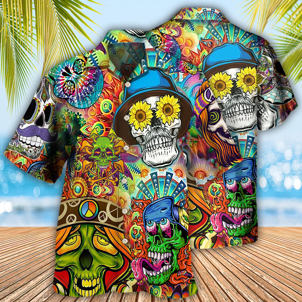 Floral Hippie Peace And Skull Hawaiian Shirt With All Over Print For Beach Parties Vacation Travel And Relaxed Casual Style