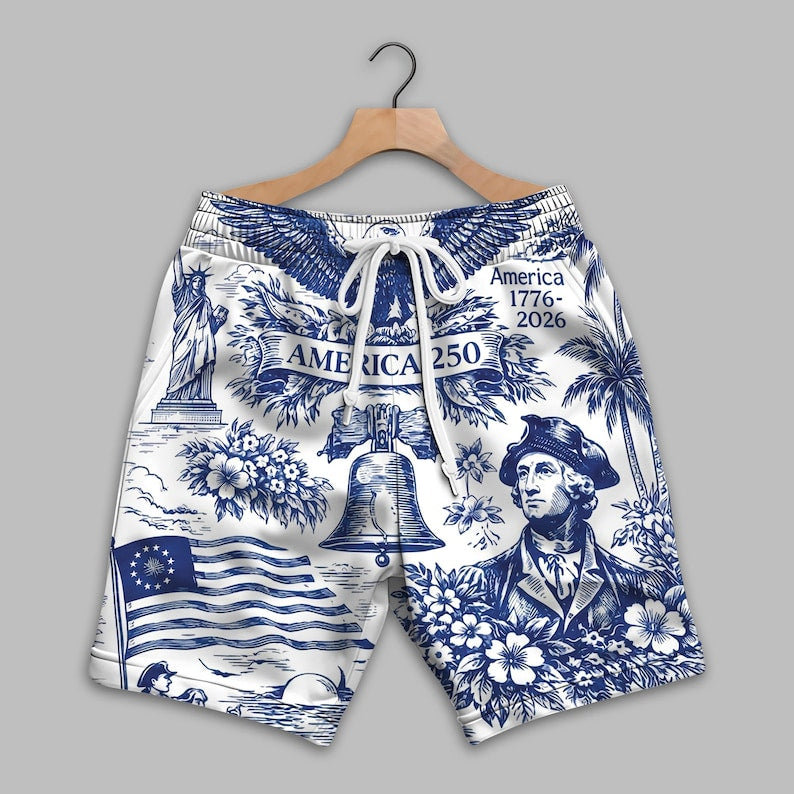 America 250th Anniversary , Vintage 1776 2026 Patriotic USA Beach Shorts Design View For Comfortable Resort And Beach Styling
