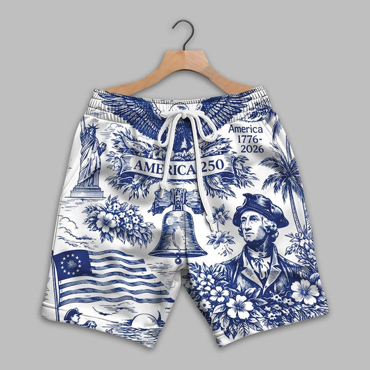 America 250th Anniversary , Vintage 1776 2026 Patriotic USA Beach Shorts Design View For Comfortable Resort And Beach Styling