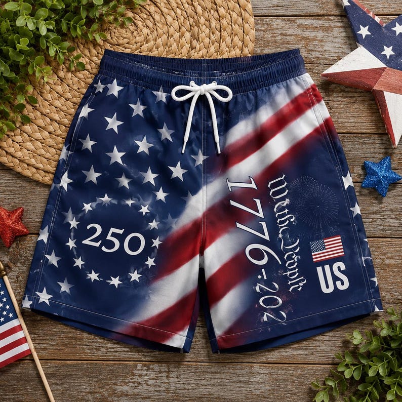 America 250th We The People , 1776 2026 USA Flag Patriotic Swim Beach Shorts For Coastal Adventures And Relaxed Summer Wear