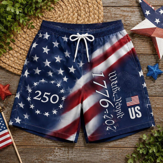 America 250th We The People , 1776 2026 USA Flag Patriotic Swim Beach Shorts For Coastal Adventures And Relaxed Summer Wear