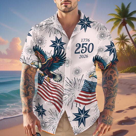 American Independence 250th Anniversary Fireworks Flag Hawaiian Shirt For Tropical Retreat And Memorable Gifting