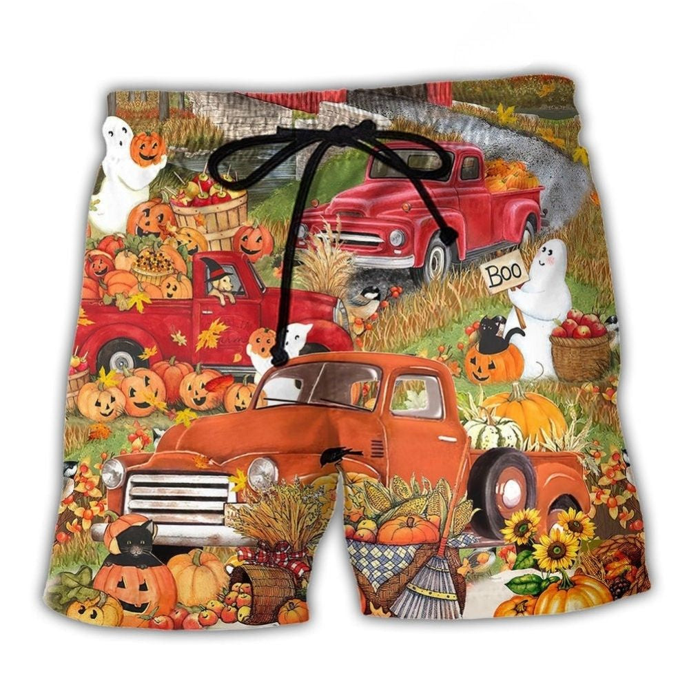 Halloween Truck With Pumpkin Beach Shorts Design Detail For Weekend Getaways And Beach Days