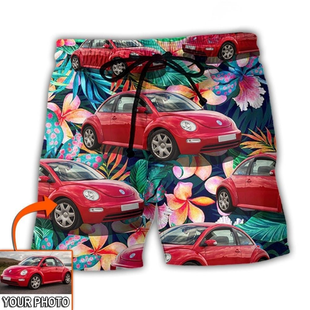 Classic Compact Car Tropical Personalized Photo Beach Shorts Artwork Detail For Comfortable Everyday Summer Wear