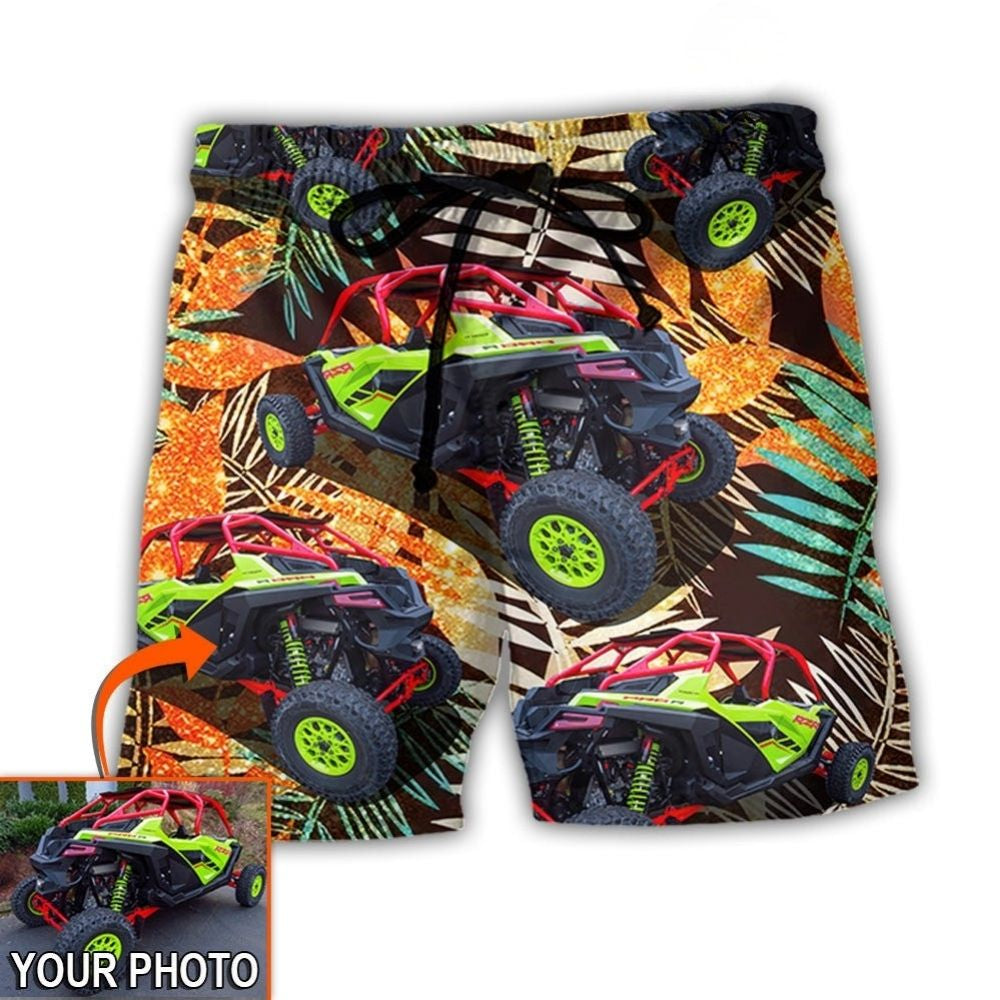 Off Road Vehicle Tropical Personalized Photo Beach Shorts Design View For Comfortable Resort And Beach Styling