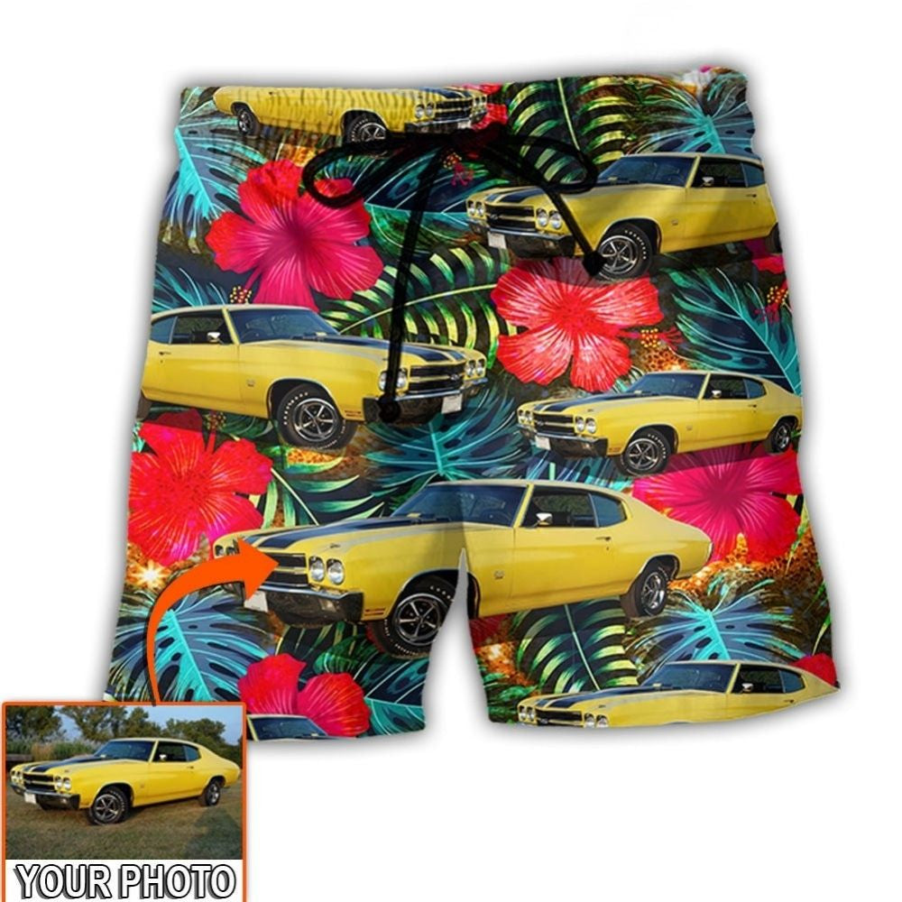 Classic Muscle Car Cool Tropical Personalized Photo Beach Shorts For Coastal Adventures And Relaxed Summer Wear