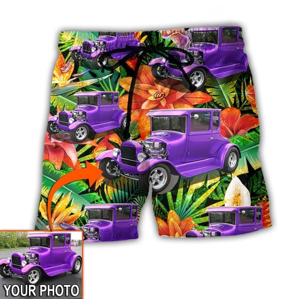 Antique Car Tropical Floral Personalized Photo Beach Shorts Print View For Coastal Escapes And Casual Outings