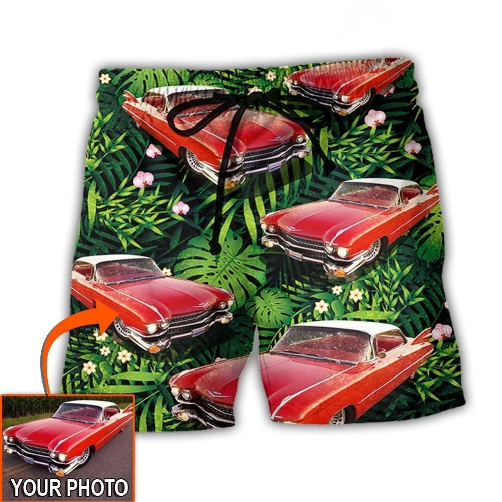 Classic Luxury Car Tropical Personalized Photo Beach Shorts Artwork Detail For Comfortable Everyday Summer Wear