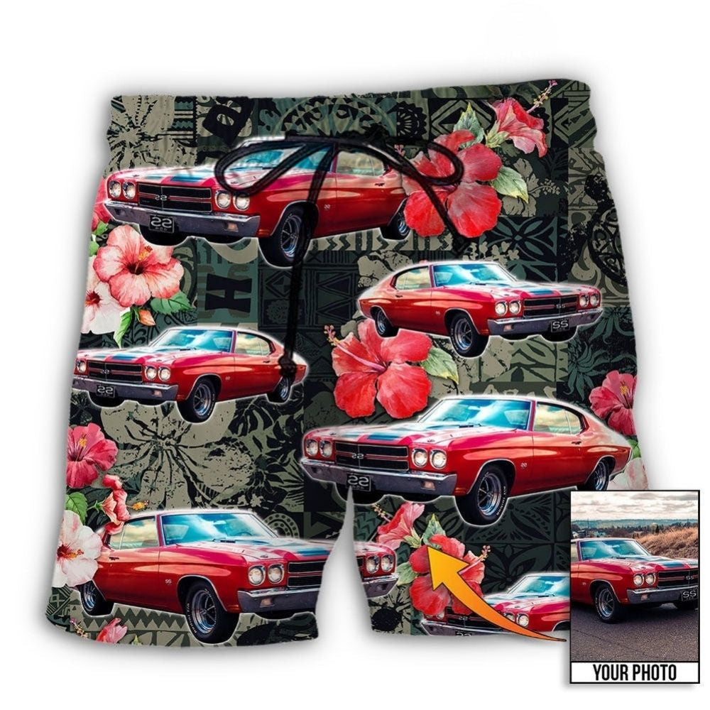 Muscle Car Tropical Leaf Floral Personalized Photo Beach Shorts Pattern View For Vacation Travel And Outdoor Fun