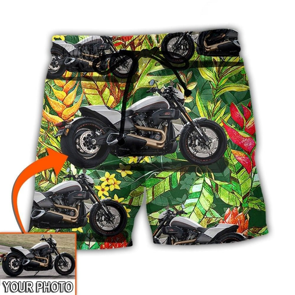 Motorcycle Cool Style Tropical Personalized Photo Beach Shorts Pattern View For Coastal Holidays And Casual Activities