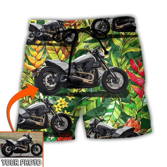 Motorcycle Cool Style Tropical Personalized Photo Beach Shorts Pattern View For Coastal Holidays And Casual Activities