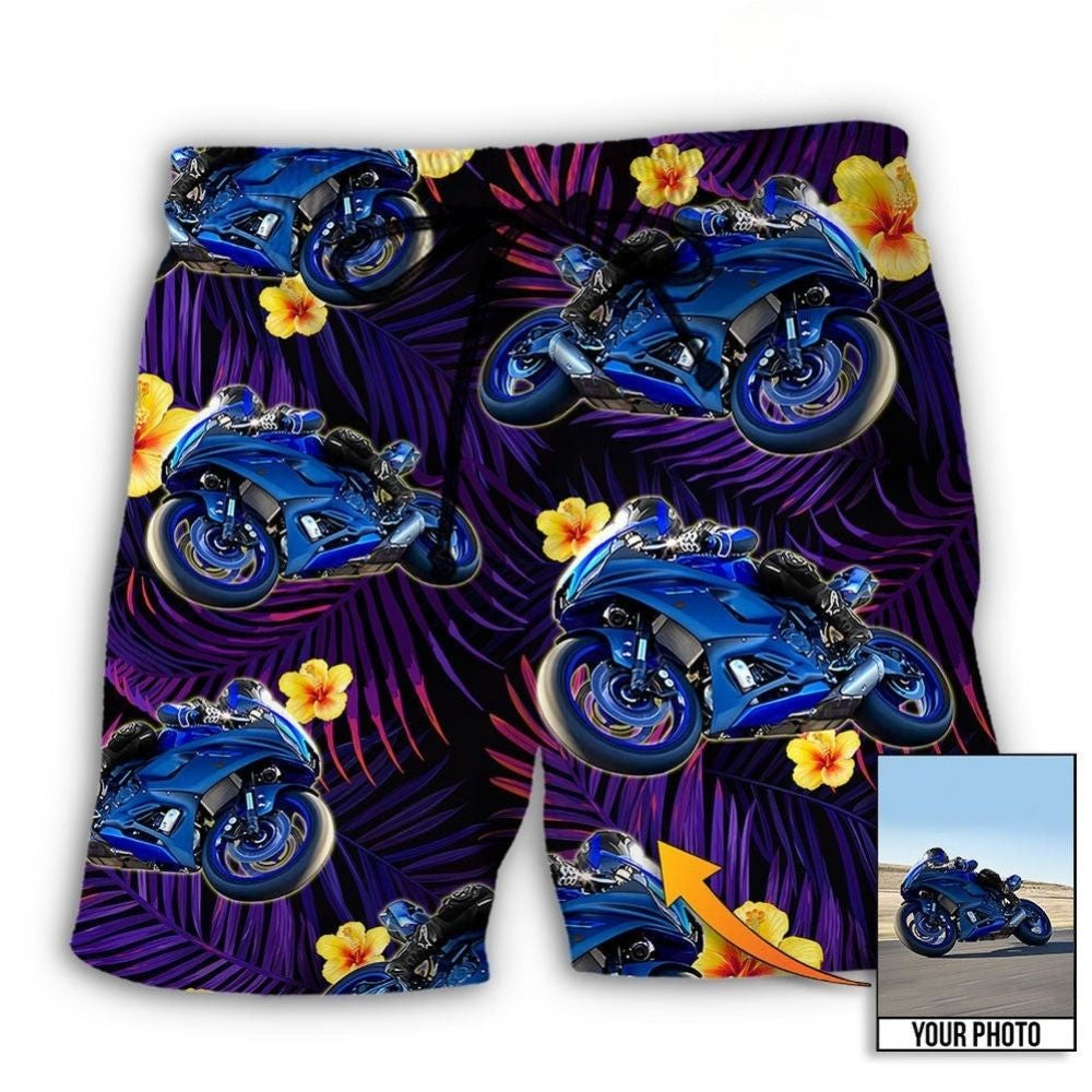 Trooper Motorcycle Tropical Floral Personalized Photo Beach Shorts Pattern View For Vacation Travel And Outdoor Fun