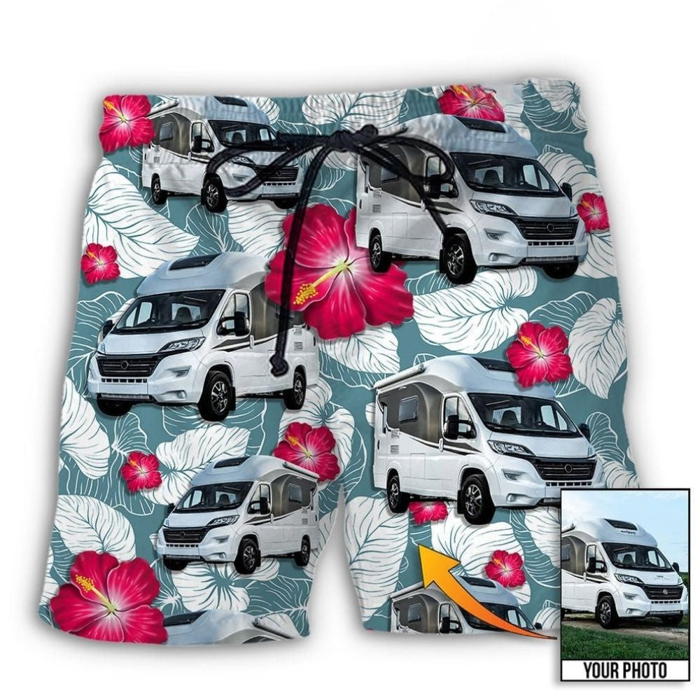 RV Camper Tropical Floral Personalized Photo Beach Shorts For Coastal Adventures And Relaxed Summer Wear