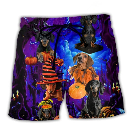 Halloween Night Dachshund Never Mind The Witch Beach Shorts For Beach Trips And Relaxed Vacation Styling