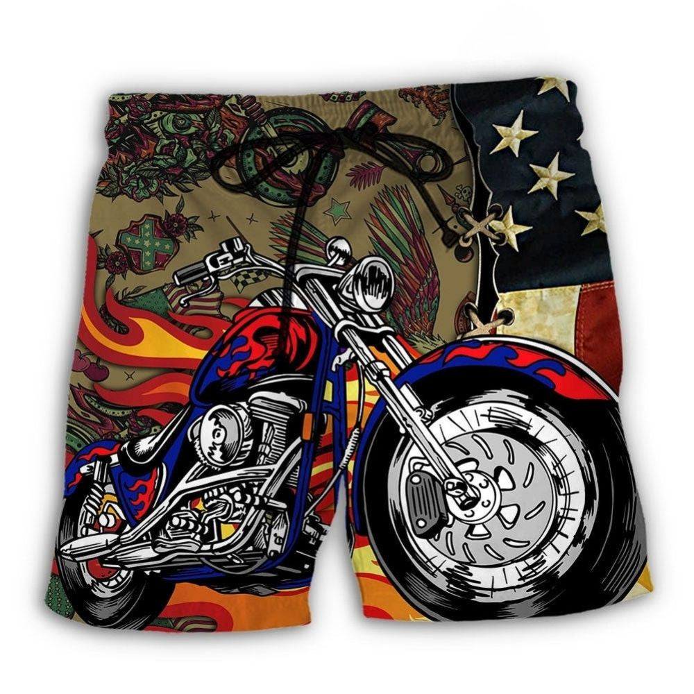 Motorcycle US Flag Beach Shorts For Warm Weather Travel And Everyday Comfort