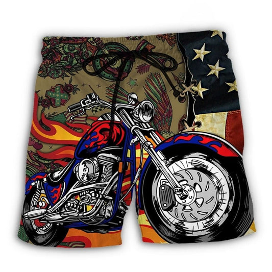 Motorcycle US Flag Beach Shorts For Warm Weather Travel And Everyday Comfort
