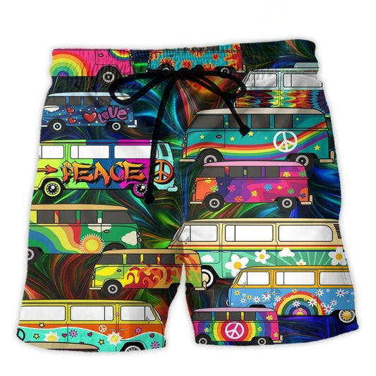 Hippie Bus Colorful Fun Beach Shorts Artwork Detail For Tropical Travel And Everyday Wear
