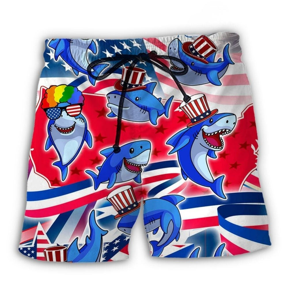 Shark Funny US Flag Independence Day Beach Shorts Pattern Detail For Sunny Outdoor Activities