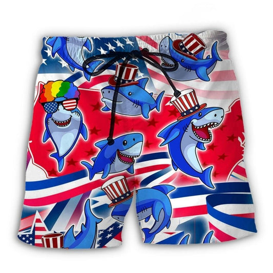 Shark Funny US Flag Independence Day Beach Shorts Pattern Detail For Sunny Outdoor Activities
