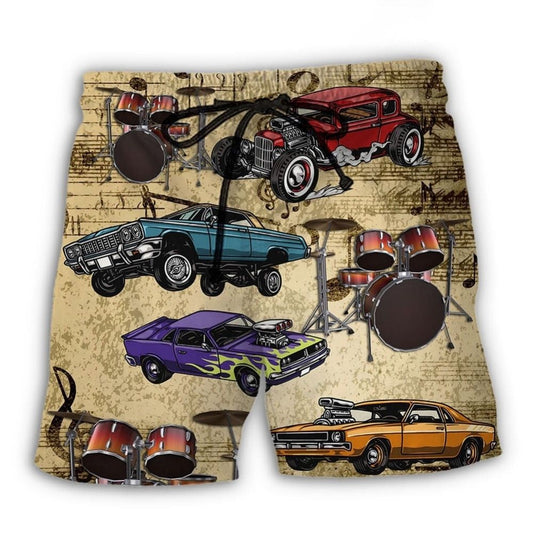 Car Muscle Car And Drum Lover Beach Shorts Design View For Summer Events And Coastal Getaways