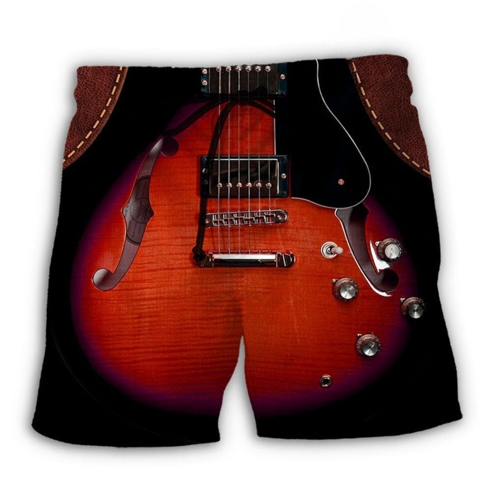 Guitar Red Leather Vintage Beach Shorts Pattern View For Coastal Holidays And Casual Activities