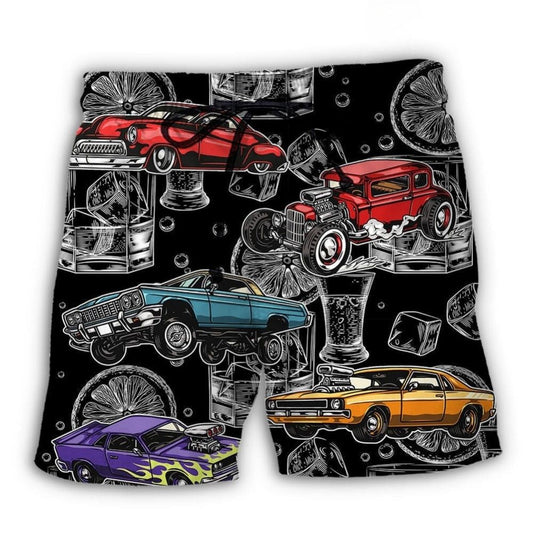 Car Muscle Car Whiskey Lover Beach Shorts Artwork Detail For Tropical Travel And Everyday Wear