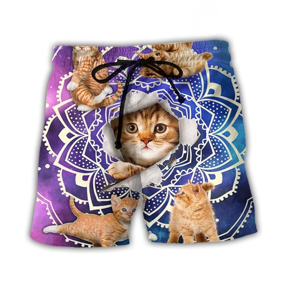 Tabby Cat Galaxy Yoga Pose Beach Shorts Design View For Summer Events And Coastal Getaways