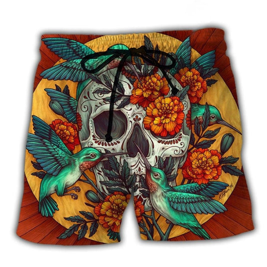 Skull Floral Hummingbird Beach Shorts For Summer Vacation And Coastal Travel