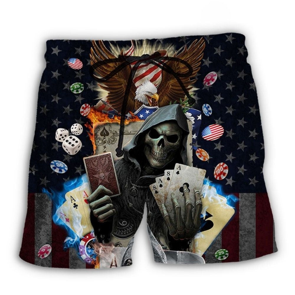 Poker Skull Flame USA Flag Beach Shorts For Warm Weather Travel And Everyday Comfort