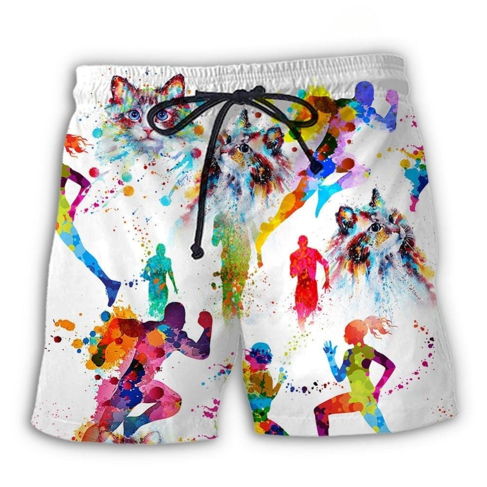 Cat Running Lover Beach Shorts Design Detail For Casual Warm Weather Outfits