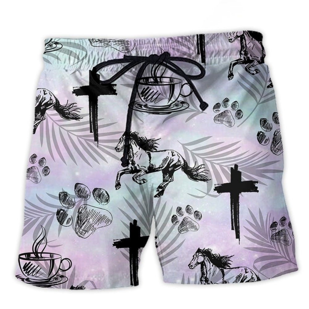 Coffee Jesus Dog Horse Tropical Beach Shorts Pattern View For Vacation Travel And Outdoor Fun