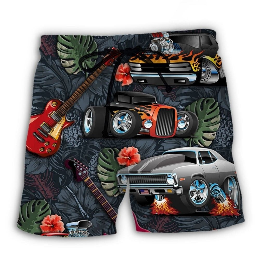 Hot Rod Guitar Lover Beach Shorts Pattern Detail For Relaxed Warm Weather Outfits