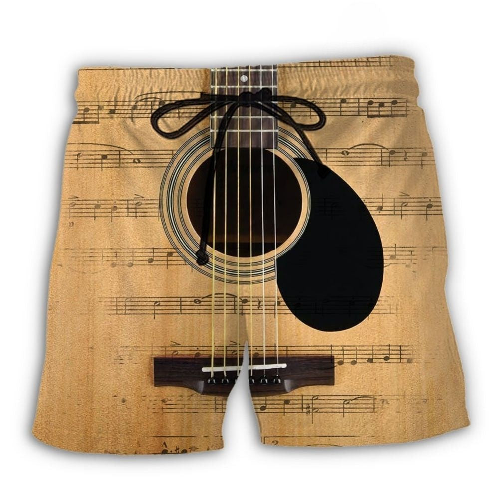 Guitar Retro Music Notes Beach Shorts Pattern Detail For Sunny Outdoor Activities
