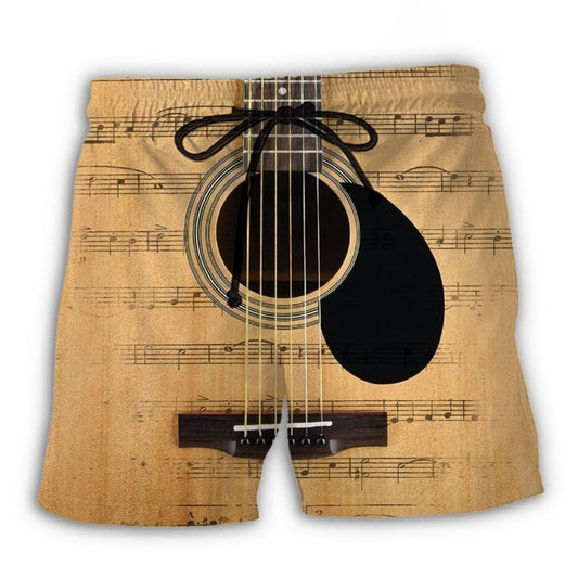 Guitar Retro Music Notes Beach Shorts Pattern Detail For Sunny Outdoor Activities