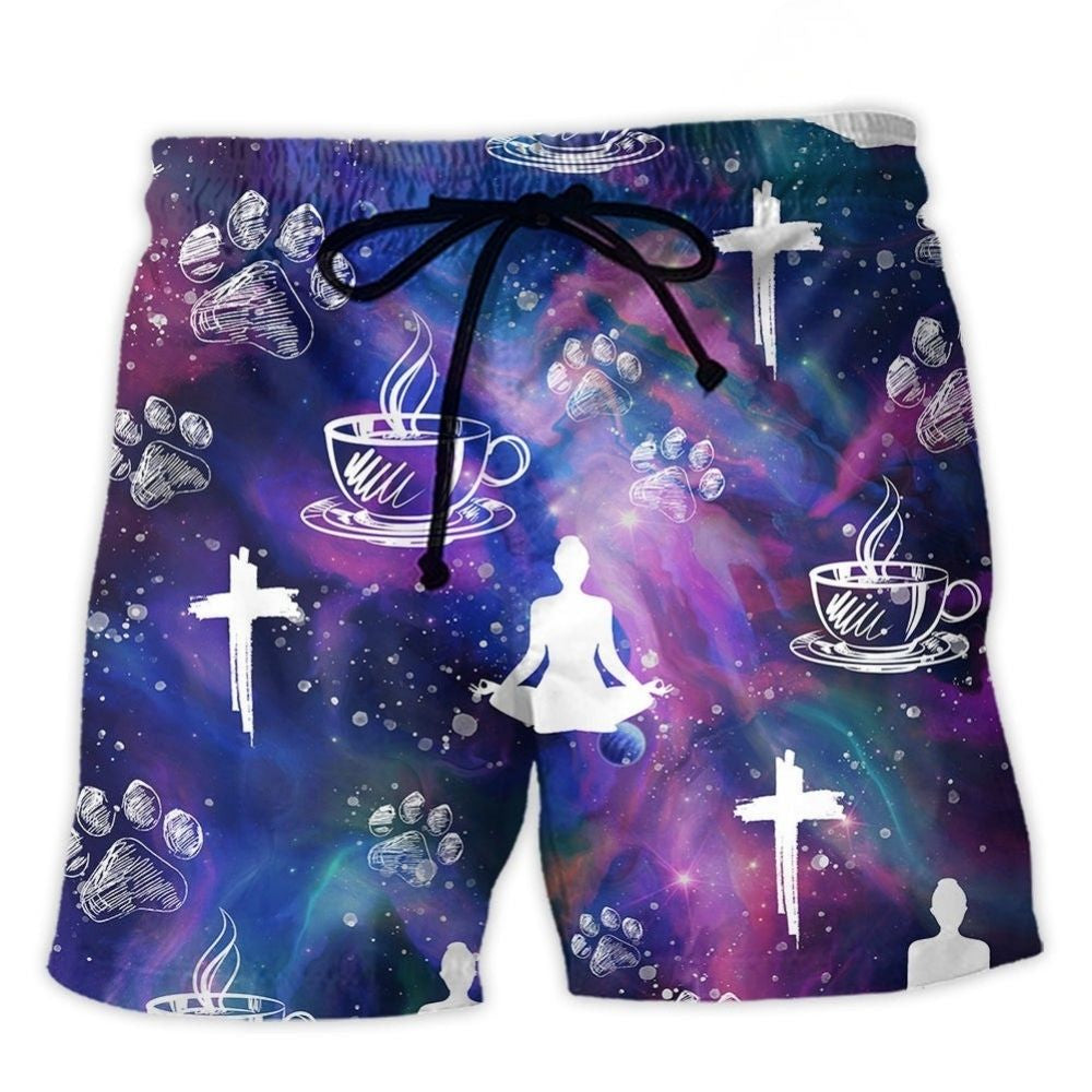 Coffee Jesus Dog Paw Yoga Beach Shorts Artwork Detail For Comfortable Everyday Summer Wear